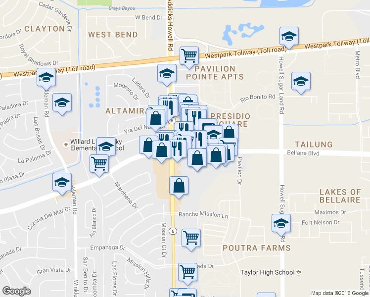 map of restaurants, bars, coffee shops, grocery stores, and more near 6763 Texas 6 in Houston