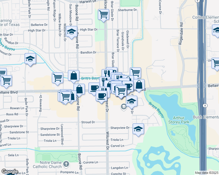 map of restaurants, bars, coffee shops, grocery stores, and more near 10850 Bellaire Blvd in Houston