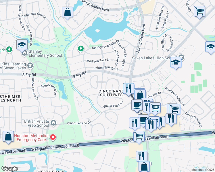 map of restaurants, bars, coffee shops, grocery stores, and more near 9714 Summit Bend Lane in Katy