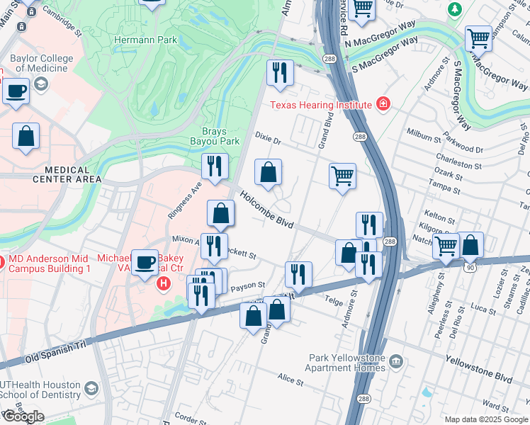 map of restaurants, bars, coffee shops, grocery stores, and more near 2401 Holcombe Boulevard in Houston