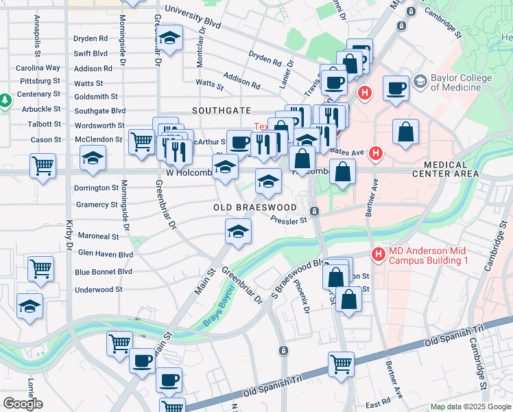 map of restaurants, bars, coffee shops, grocery stores, and more near in Houston