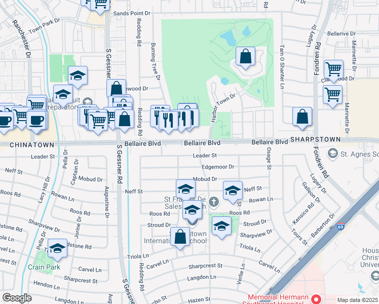 map of restaurants, bars, coffee shops, grocery stores, and more near 8311 Bellaire Boulevard in Houston