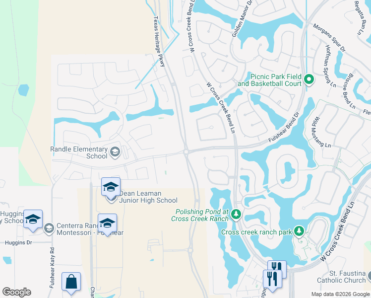 map of restaurants, bars, coffee shops, grocery stores, and more near Waterlilly Park Lane in Fulshear