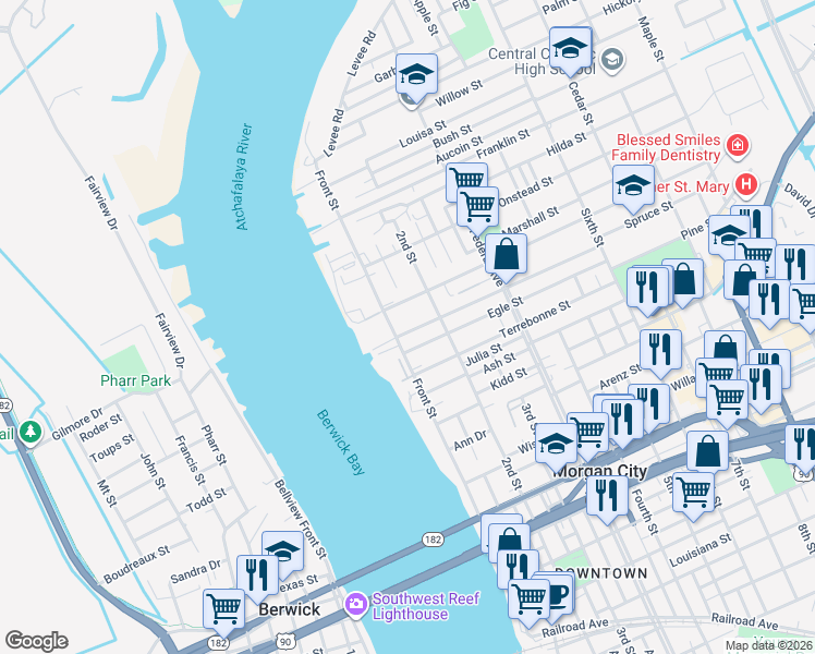 map of restaurants, bars, coffee shops, grocery stores, and more near 1320-1398 Front Street in Morgan City