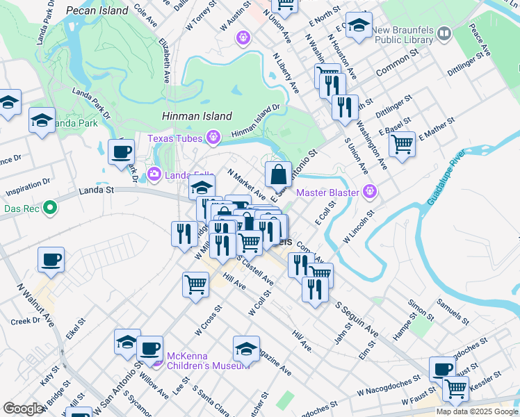 map of restaurants, bars, coffee shops, grocery stores, and more near 219 East San Antonio Street in New Braunfels