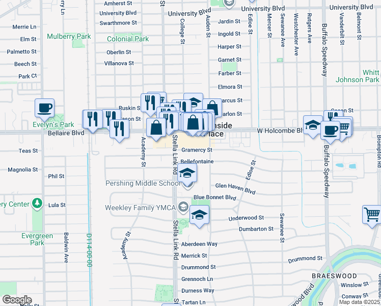map of restaurants, bars, coffee shops, grocery stores, and more near 3831 Gramercy Street in Houston