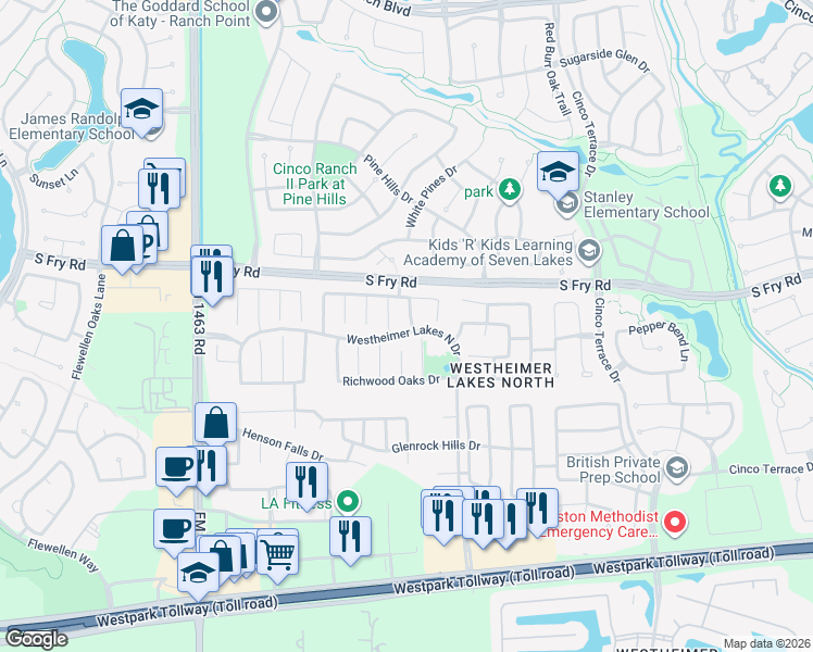 map of restaurants, bars, coffee shops, grocery stores, and more near 6022 Boyden Knoll Drive in Katy