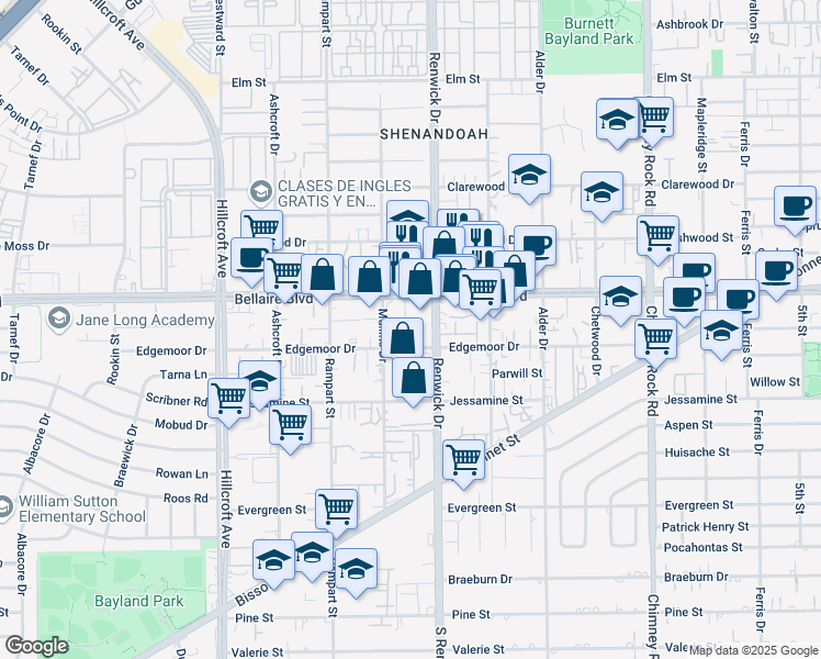 map of restaurants, bars, coffee shops, grocery stores, and more near 5933 Bellaire Boulevard in Houston