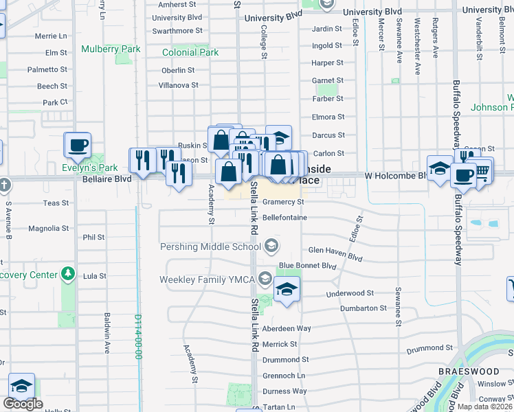 map of restaurants, bars, coffee shops, grocery stores, and more near 6902 Stella Link Road in Houston