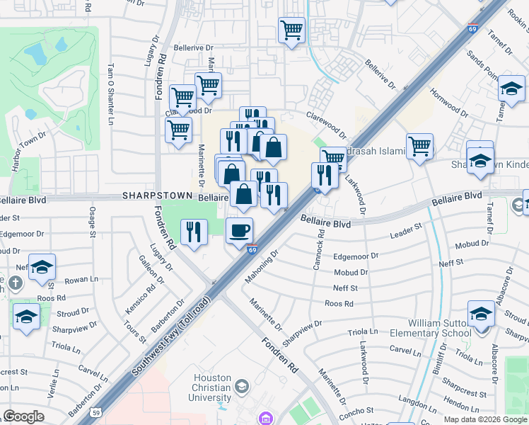 map of restaurants, bars, coffee shops, grocery stores, and more near Unnamed Road in Houston