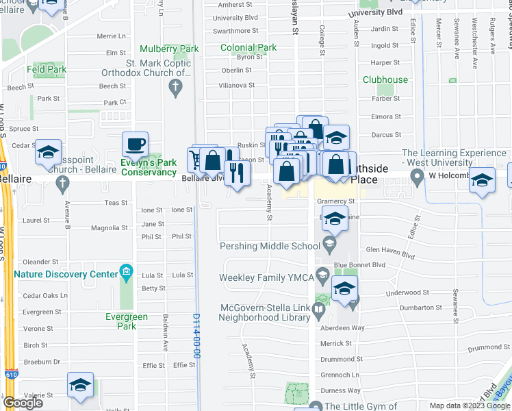 map of restaurants, bars, coffee shops, grocery stores, and more near 4114 Gramercy Street in Houston