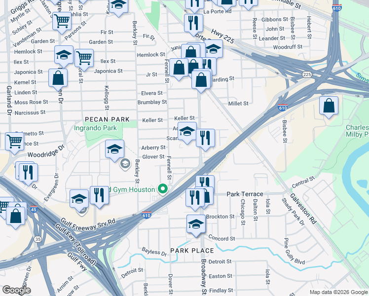 map of restaurants, bars, coffee shops, grocery stores, and more near 7900-7964 Scanlock Street in Houston