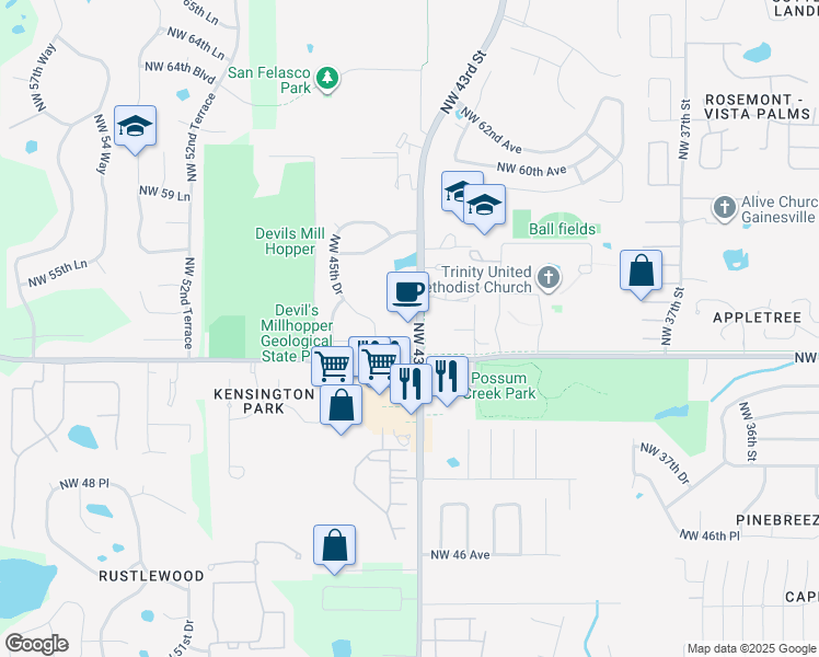 map of restaurants, bars, coffee shops, grocery stores, and more near 5480 Northwest 43rd Street in Gainesville
