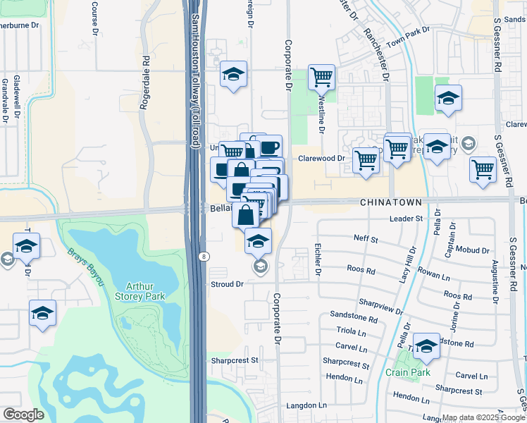 map of restaurants, bars, coffee shops, grocery stores, and more near 9807 Bellaire Boulevard in Houston