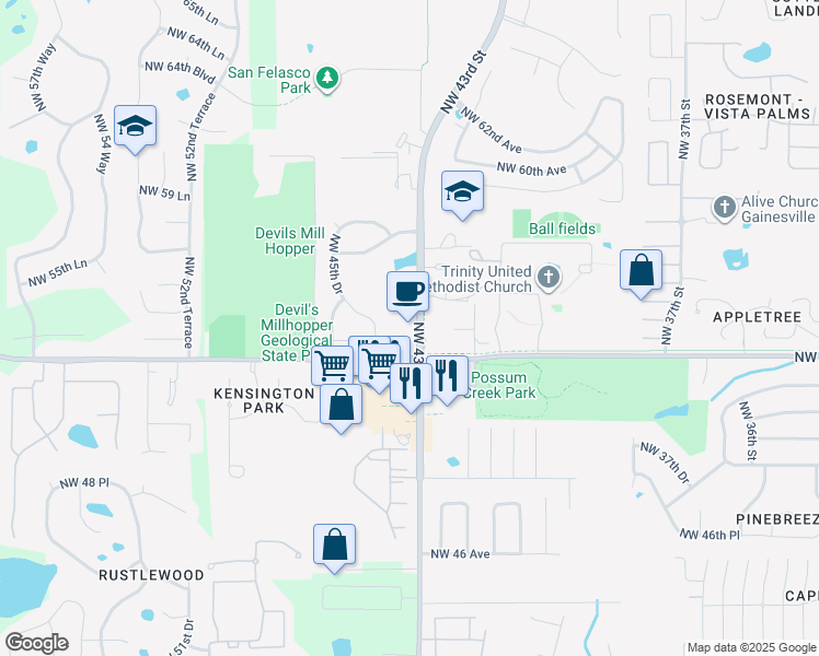 map of restaurants, bars, coffee shops, grocery stores, and more near 5480 Northwest 43rd Street in Gainesville