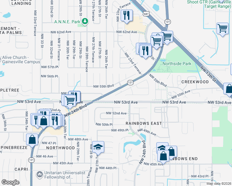 map of restaurants, bars, coffee shops, grocery stores, and more near 2534 Northwest 54th Boulevard in Gainesville