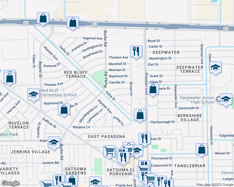 map of restaurants, bars, coffee shops, grocery stores, and more near 2707 Lancaster Lane in Pasadena