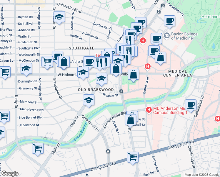 map of restaurants, bars, coffee shops, grocery stores, and more near 6935 Main street in Houston