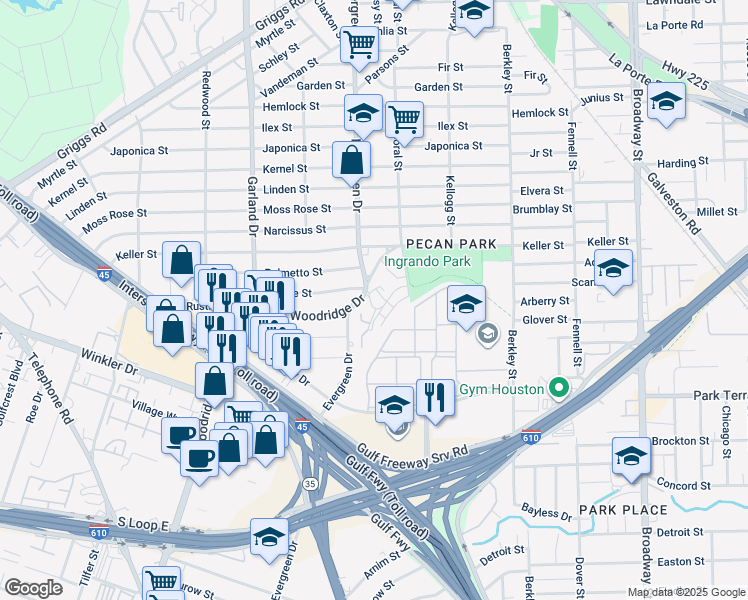 map of restaurants, bars, coffee shops, grocery stores, and more near 7219 Patricia Lane in Houston