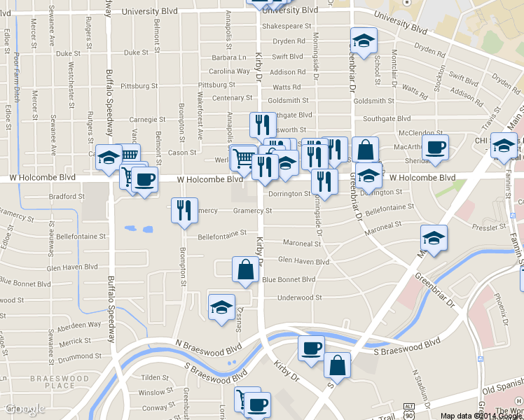 map of restaurants, bars, coffee shops, grocery stores, and more near 7001 Kirby Drive in Houston