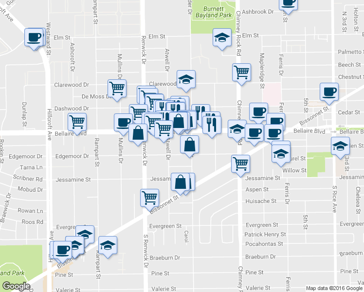 map of restaurants, bars, coffee shops, grocery stores, and more near 5704 Edgemoor Drive in Houston