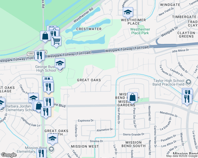 map of restaurants, bars, coffee shops, grocery stores, and more near 6802 Chester Oak Drive in Houston