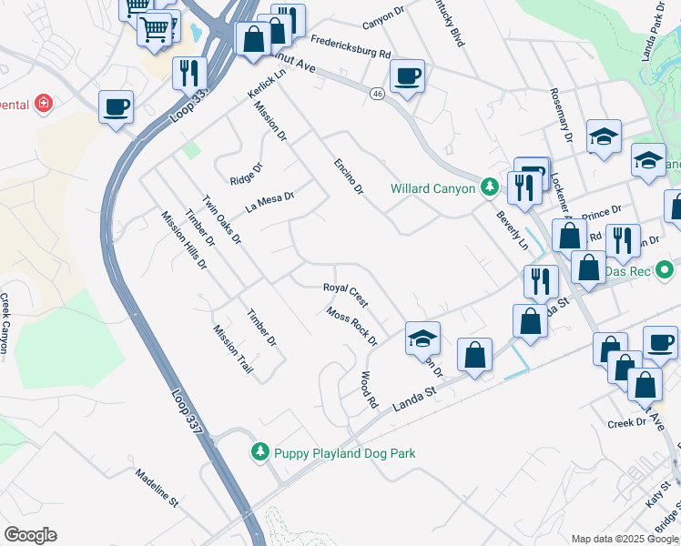 map of restaurants, bars, coffee shops, grocery stores, and more near 84 Mission Drive in New Braunfels