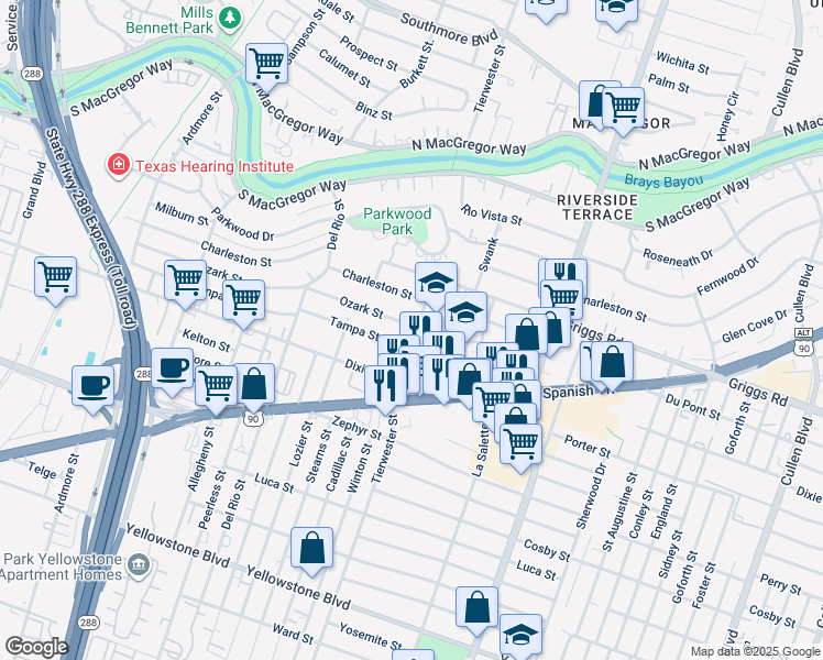 map of restaurants, bars, coffee shops, grocery stores, and more near 3550 Ozark St in Houston
