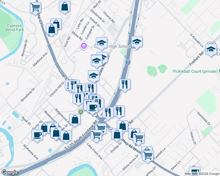 map of restaurants, bars, coffee shops, grocery stores, and more near 250 Skyview Avenue in New Braunfels