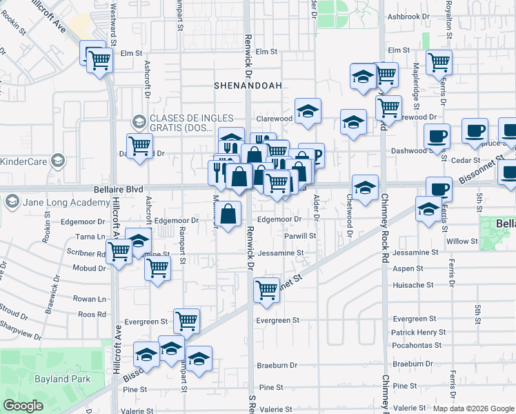 map of restaurants, bars, coffee shops, grocery stores, and more near 6809 Renwick Drive in Houston