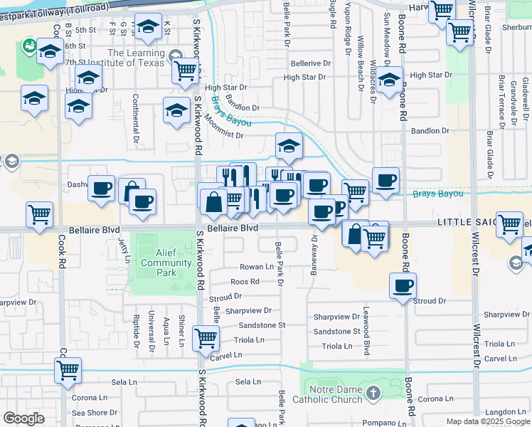 map of restaurants, bars, coffee shops, grocery stores, and more near 11724 Bellaire Boulevard in Houston