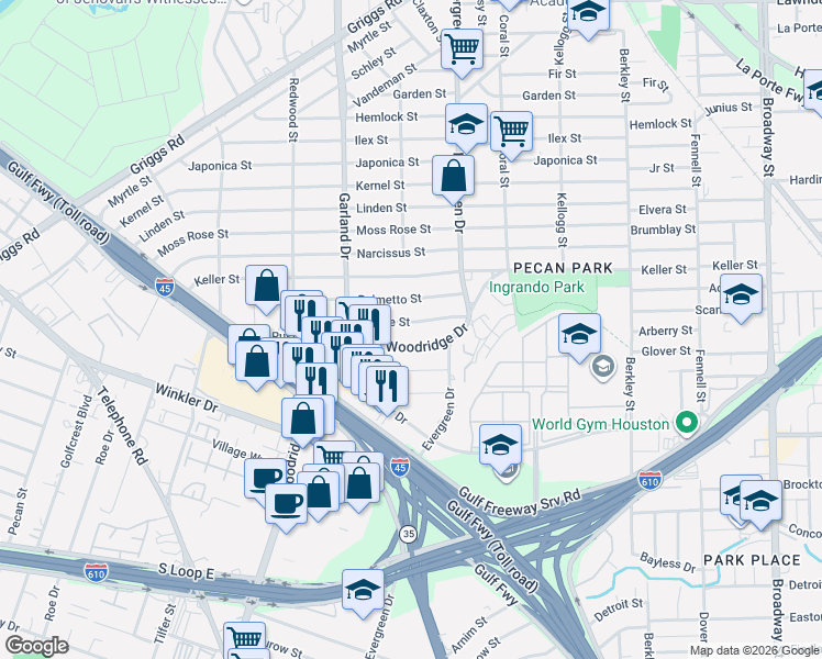map of restaurants, bars, coffee shops, grocery stores, and more near 7106 Quince Street in Houston
