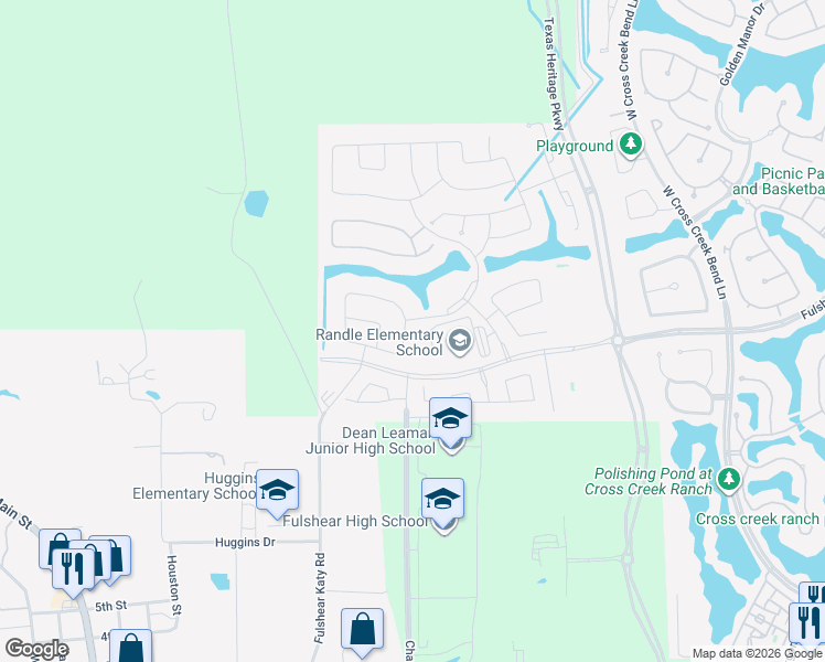 map of restaurants, bars, coffee shops, grocery stores, and more near 6920 Katy-Fulshear Road in Fulshear