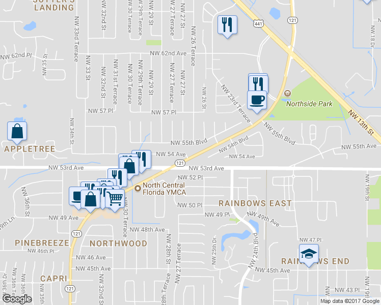 map of restaurants, bars, coffee shops, grocery stores, and more near 2656 Northwest 54 Avenue in Gainesville