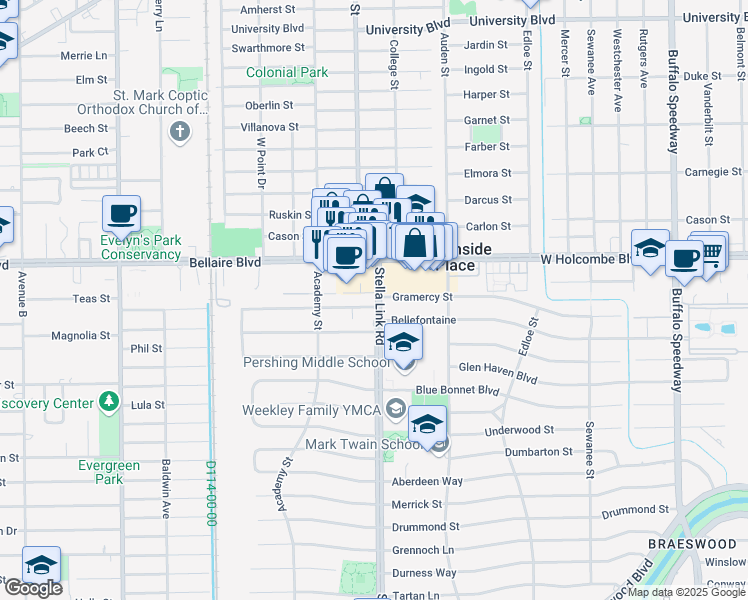 map of restaurants, bars, coffee shops, grocery stores, and more near 6902 Stella Link Road in Houston