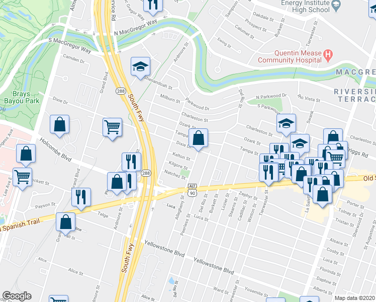 map of restaurants, bars, coffee shops, grocery stores, and more near 3338 Dixie Drive in Houston
