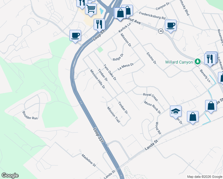 map of restaurants, bars, coffee shops, grocery stores, and more near 813 Timber Drive in New Braunfels