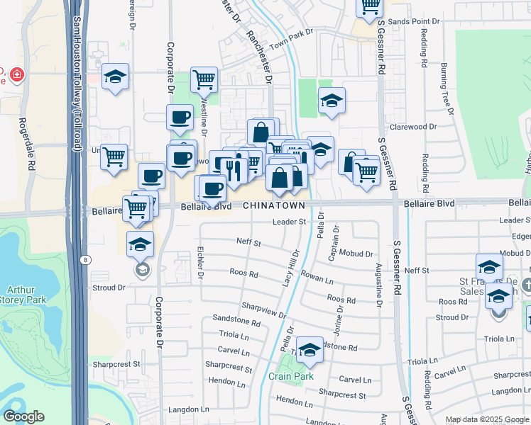 map of restaurants, bars, coffee shops, grocery stores, and more near in Houston