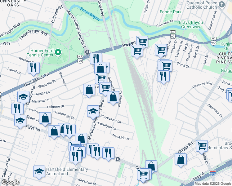 map of restaurants, bars, coffee shops, grocery stores, and more near 5111 Dickens Road in Houston