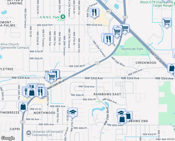 map of restaurants, bars, coffee shops, grocery stores, and more near 2534 Northwest 54th Boulevard in Gainesville