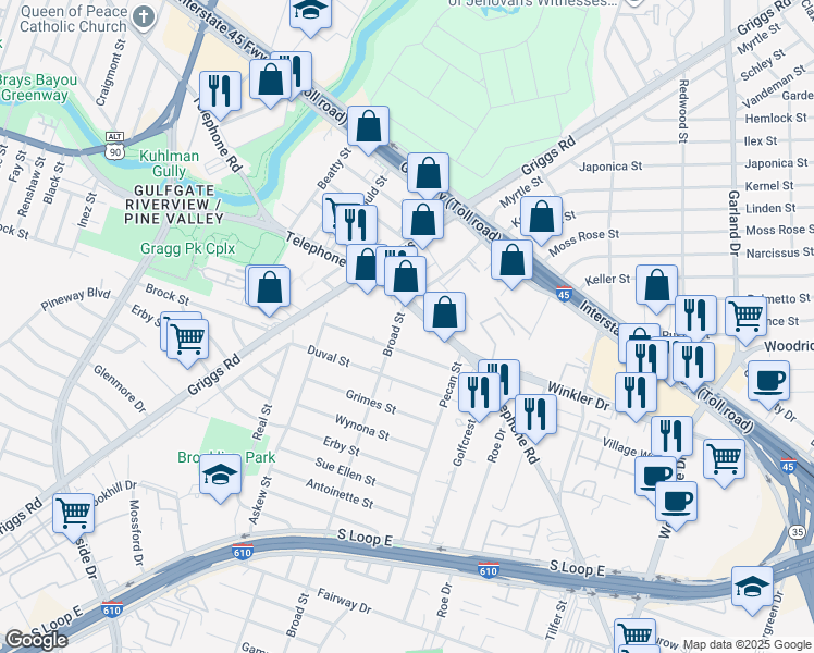 map of restaurants, bars, coffee shops, grocery stores, and more near 4110 Telephone Road in Houston