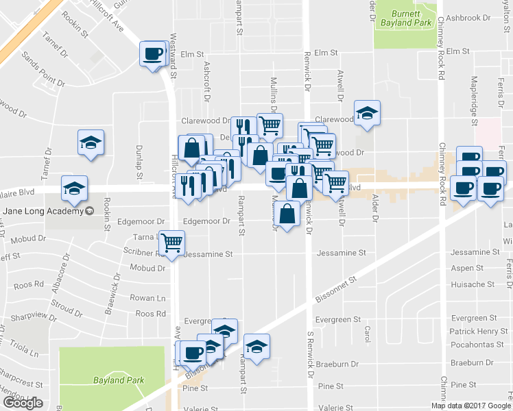 map of restaurants, bars, coffee shops, grocery stores, and more near 6009 Bellaire Boulevard in Houston