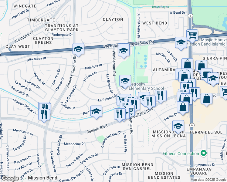 map of restaurants, bars, coffee shops, grocery stores, and more near 6703 Las Brisas Drive in Houston