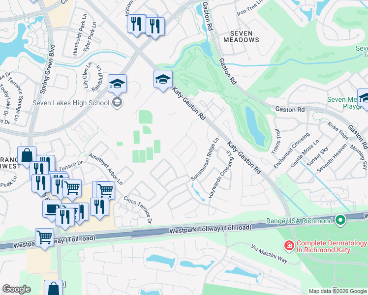 map of restaurants, bars, coffee shops, grocery stores, and more near 24418 Ranchwood Springs Lane in Katy