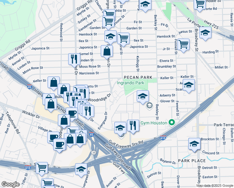 map of restaurants, bars, coffee shops, grocery stores, and more near 7219 Patricia Lane in Houston