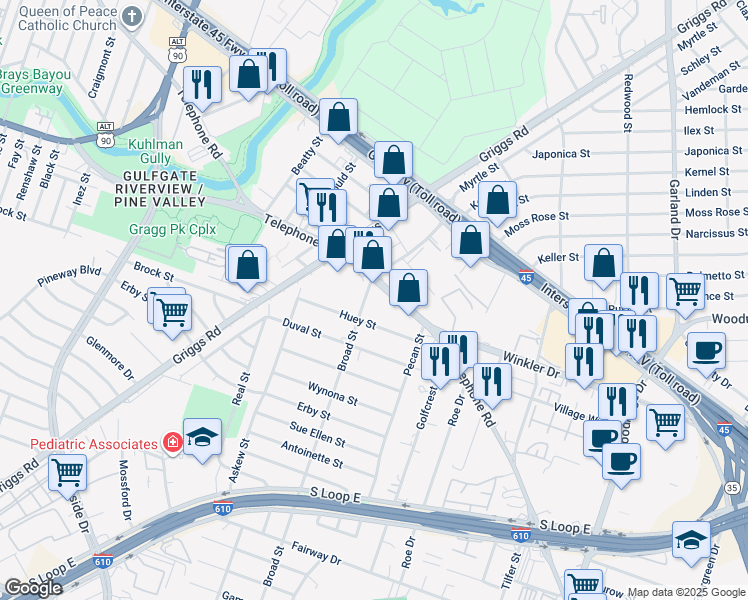 map of restaurants, bars, coffee shops, grocery stores, and more near 4110 Telephone Road in Houston