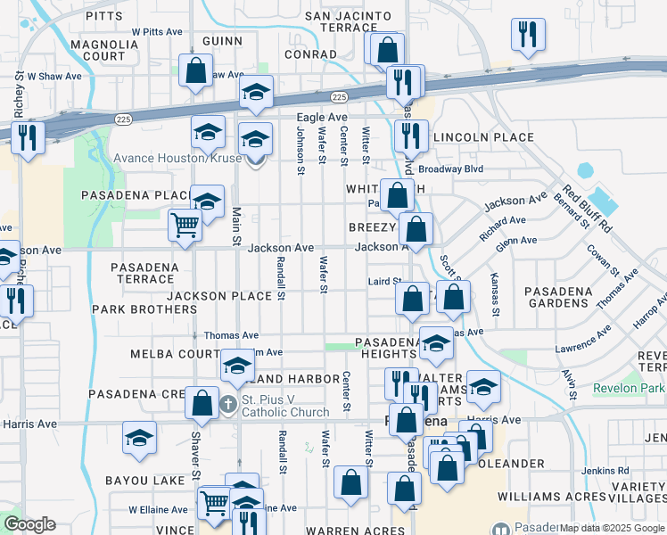 map of restaurants, bars, coffee shops, grocery stores, and more near 511 Wafer Street in Pasadena
