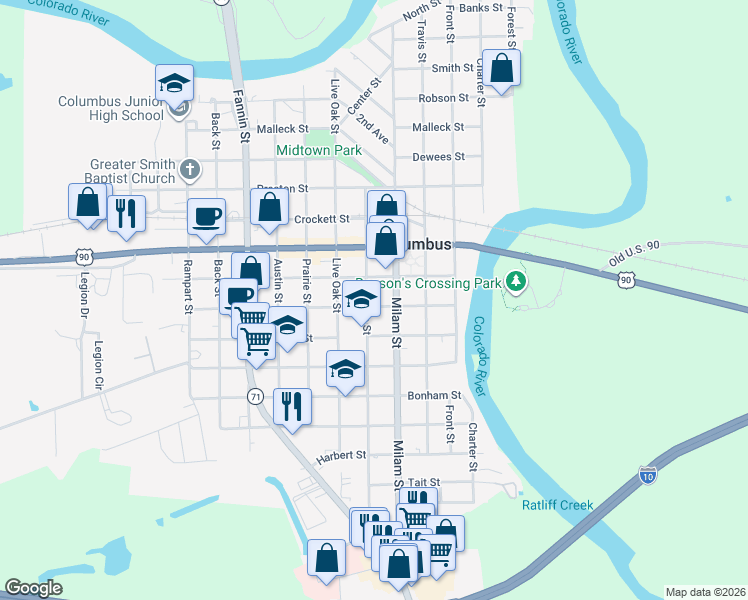 map of restaurants, bars, coffee shops, grocery stores, and more near 1239 Bowie Street in Columbus