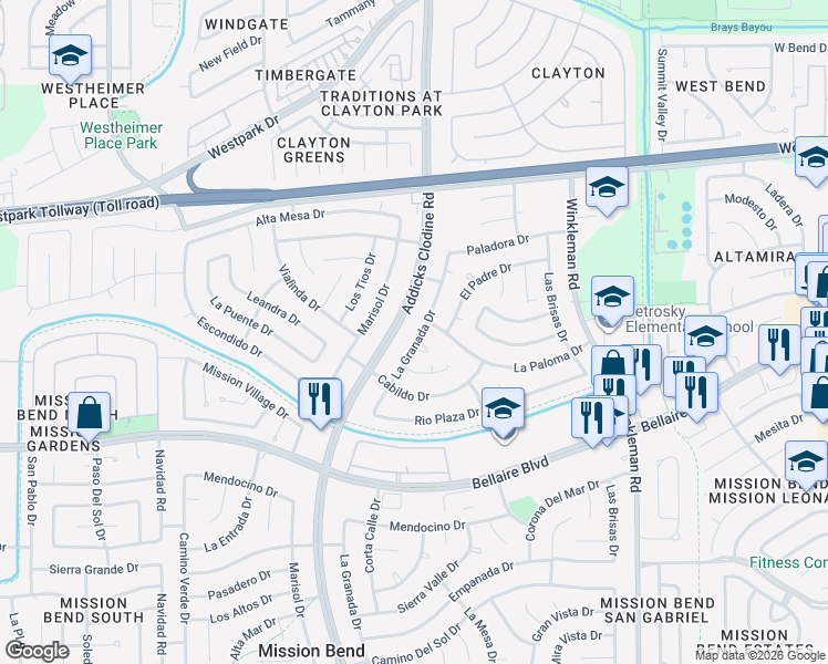 map of restaurants, bars, coffee shops, grocery stores, and more near 6726 La Granada Drive in Houston