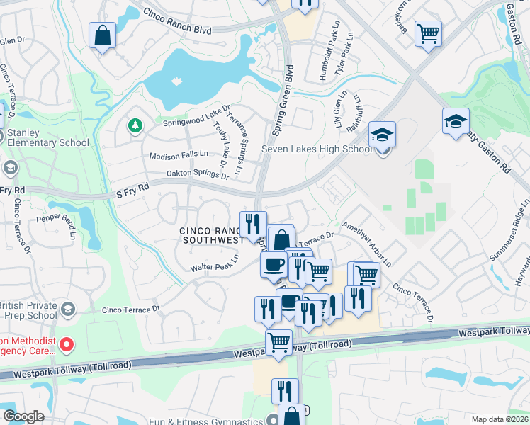 map of restaurants, bars, coffee shops, grocery stores, and more near 24951 Green Emerald Court in Katy